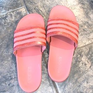 Pink sparkly Adidas slides